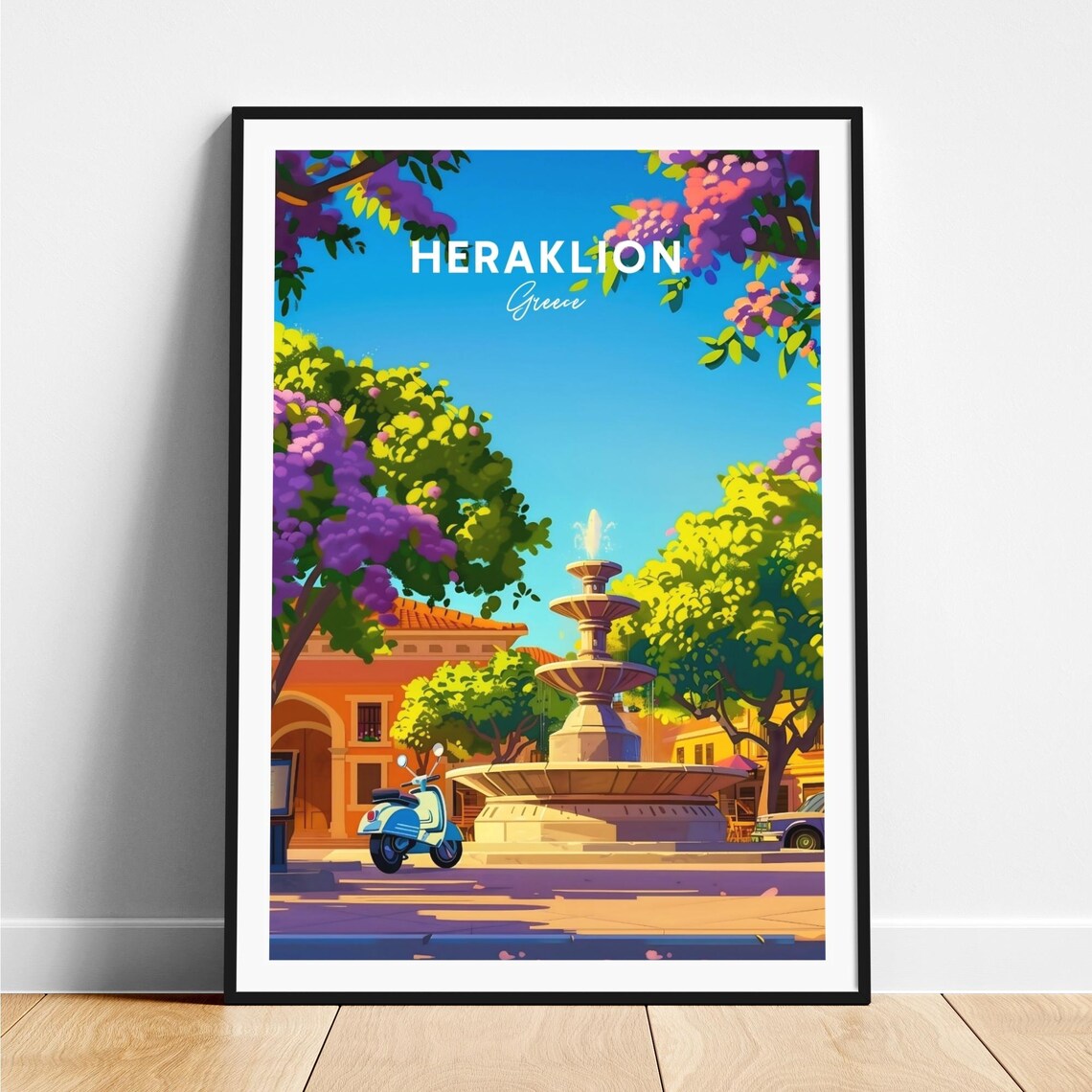 Heraklion Greece Town Square Fountain Scooter Travel Art Poster