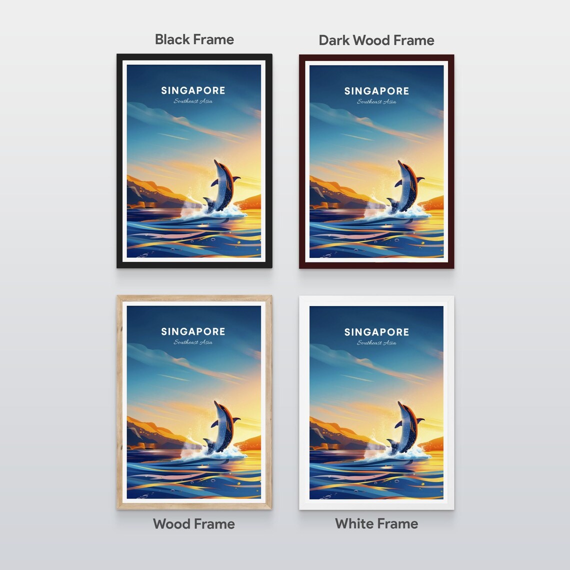 Singapore Dolphin Leaping At Sunset Ocean Waves Vintage Travel Poster - Image 2