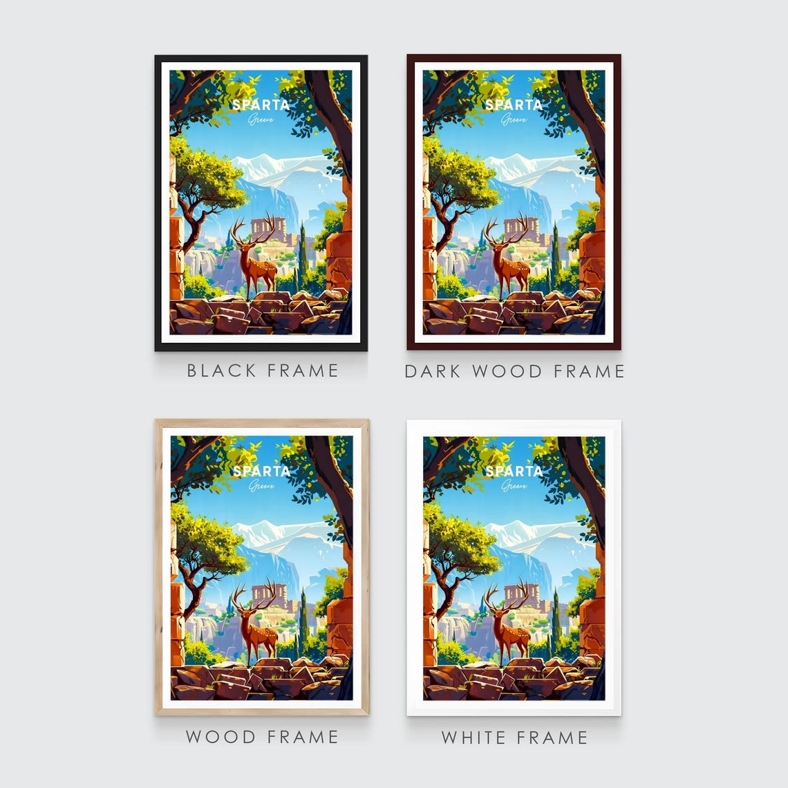 Sparta Greece Stag Ancient Ruins Snowy Mountain Peak Travel Poster - Image 3