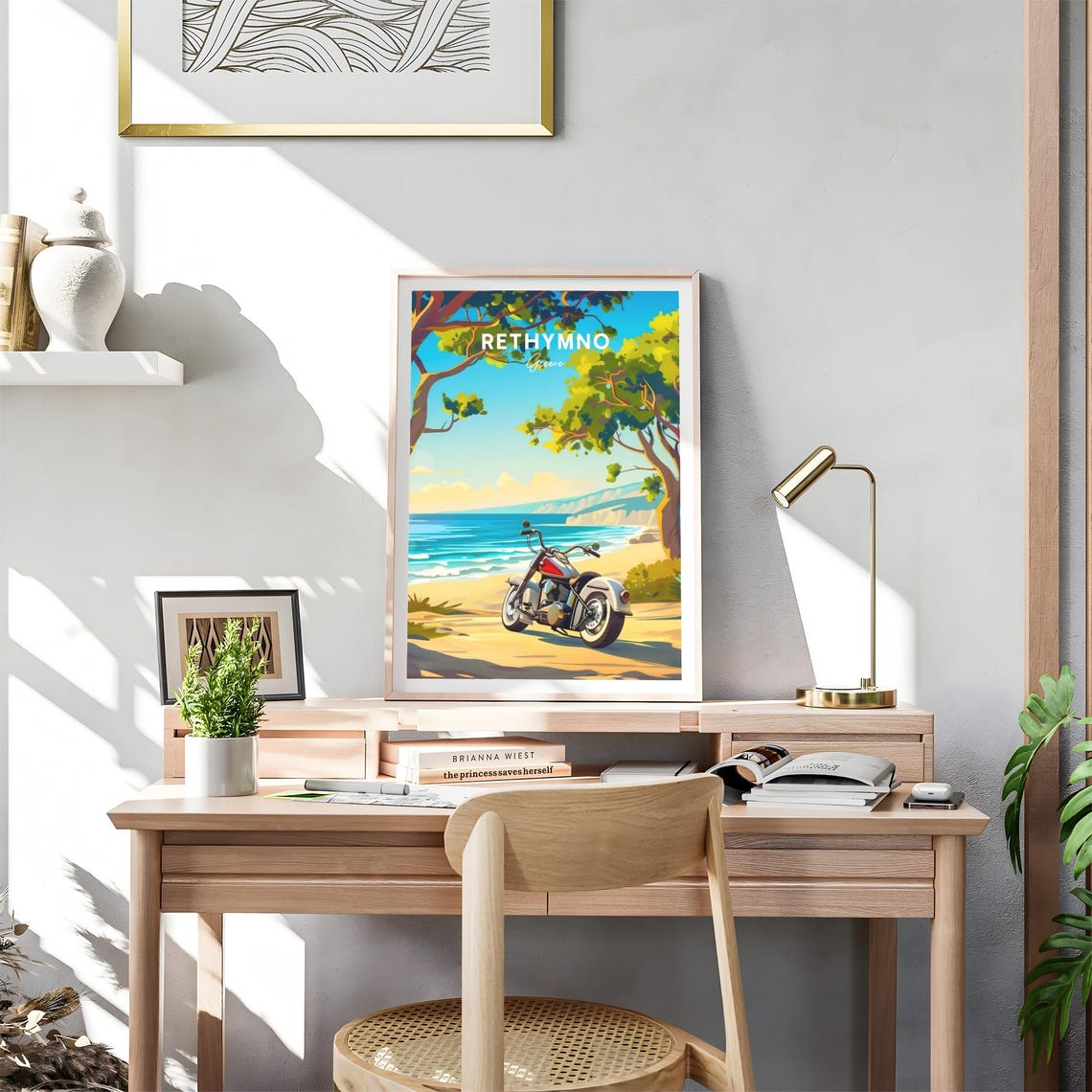 Rethymno Greece Vintage Motorcycle Beach Shoreline Trees Travel Poster - Image 4