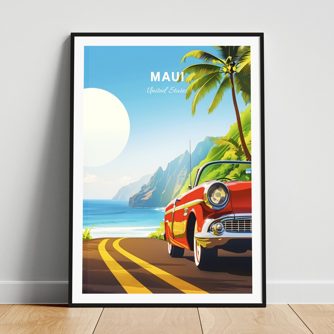 Maui Hawaii Classic Red Convertible Coastal Road Travel Poster