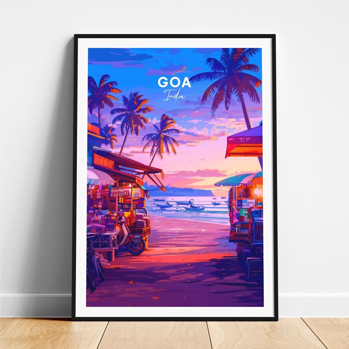 Goa India Beach Market Street Sunset Palms Boats Travel Poster