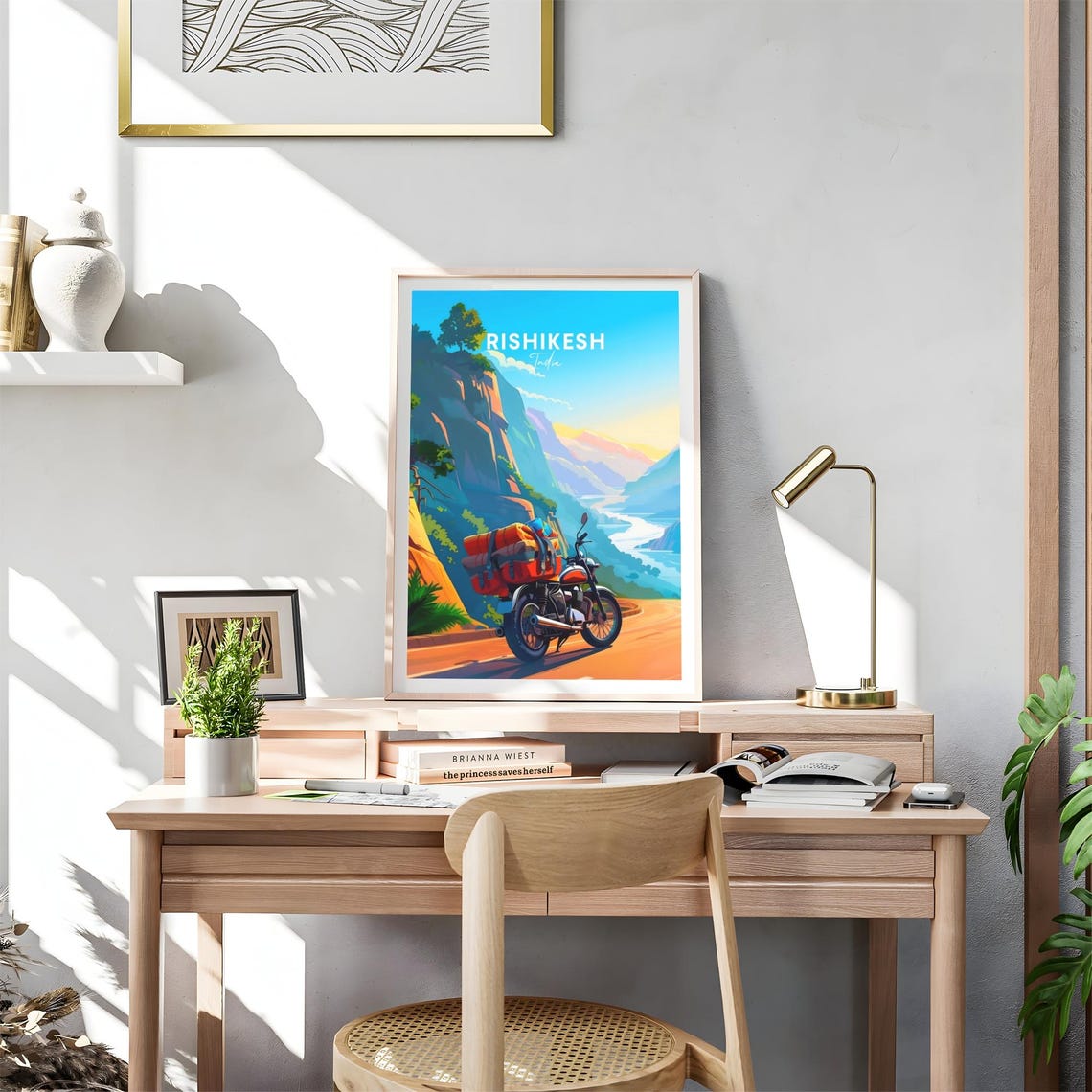 Rishikesh India Motorcycle on Cliff Road at Sunset Travel Poster - Image 4