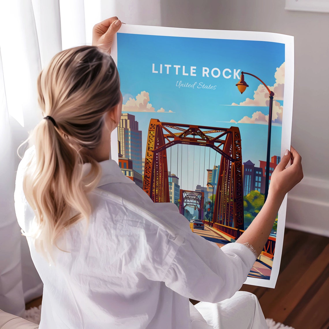 Little Rock Red Steel Truss Bridge on a Bright Sunny Day Poster - Image 3