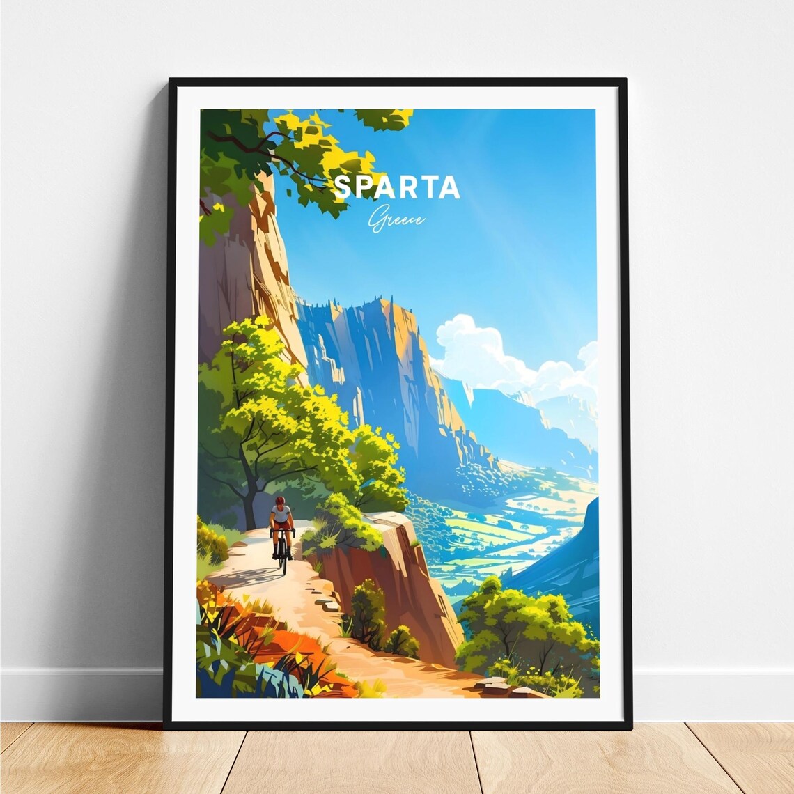 Sparta Greece Mountain Road Cyclist Cliff Valley Ride Travel Poster