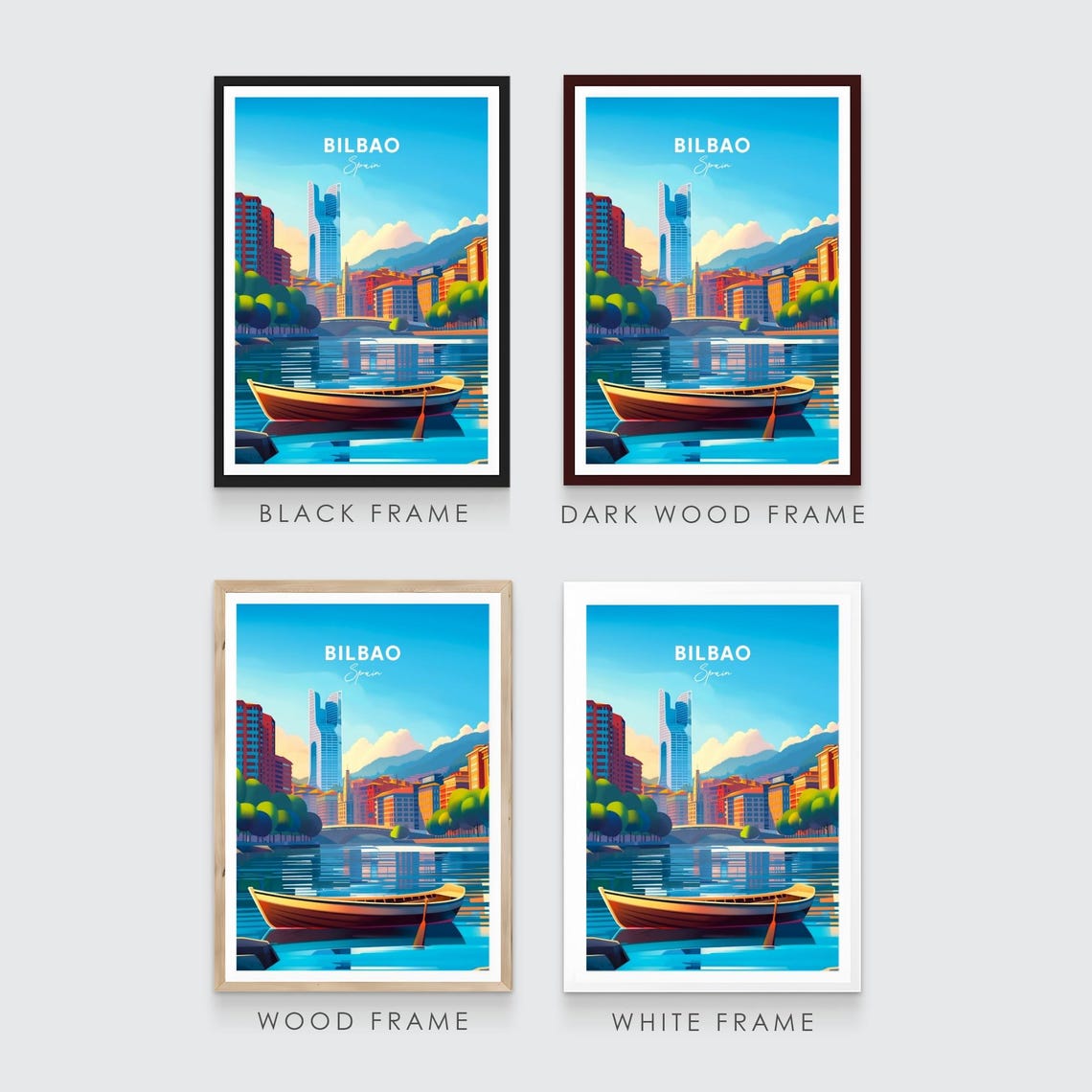 Bilbao Modern Riverside Towers Rowboat Bridge Water Travel Poster - Image 3