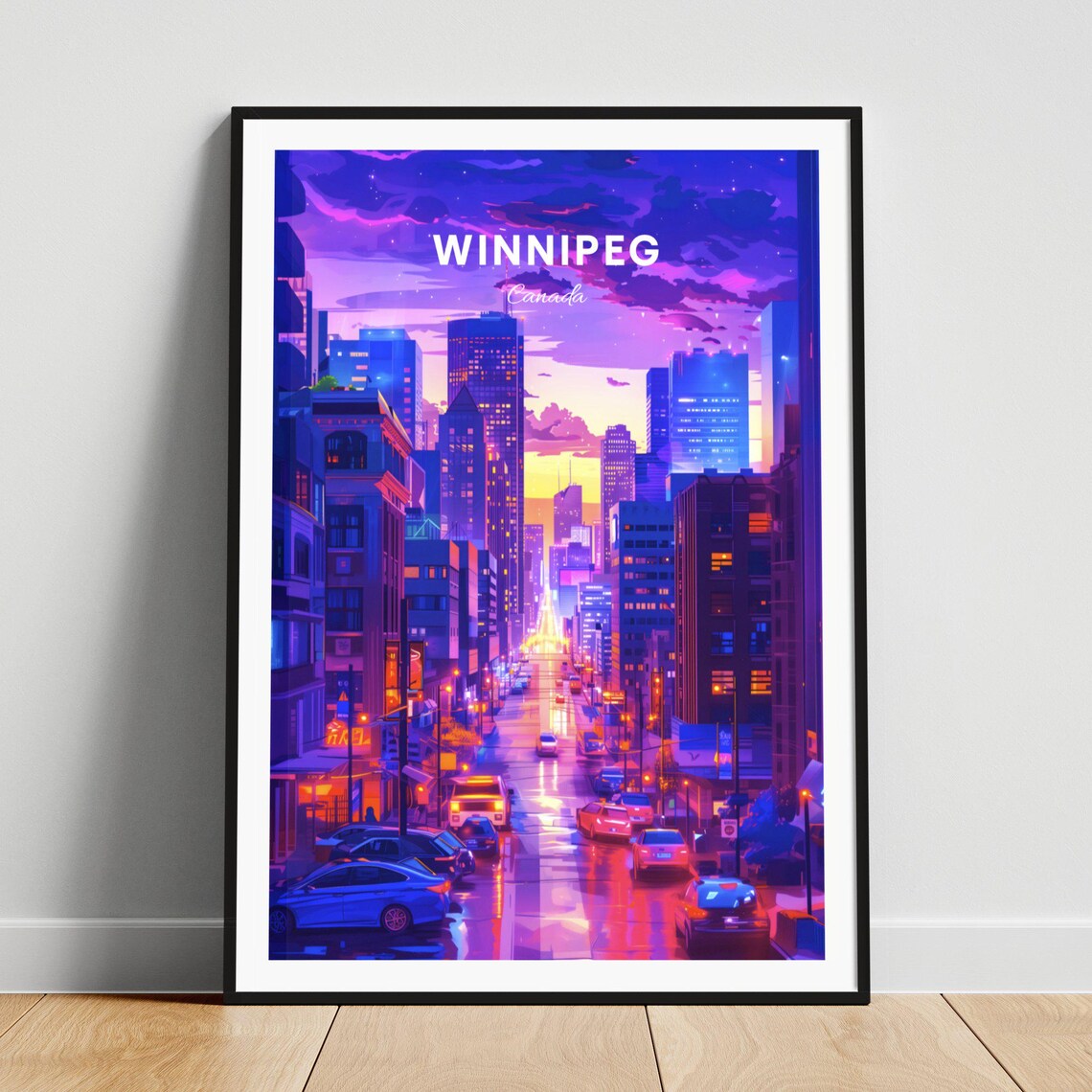 Winnipeg Canada Neon Night Downtown Street City Lights Travel Poster