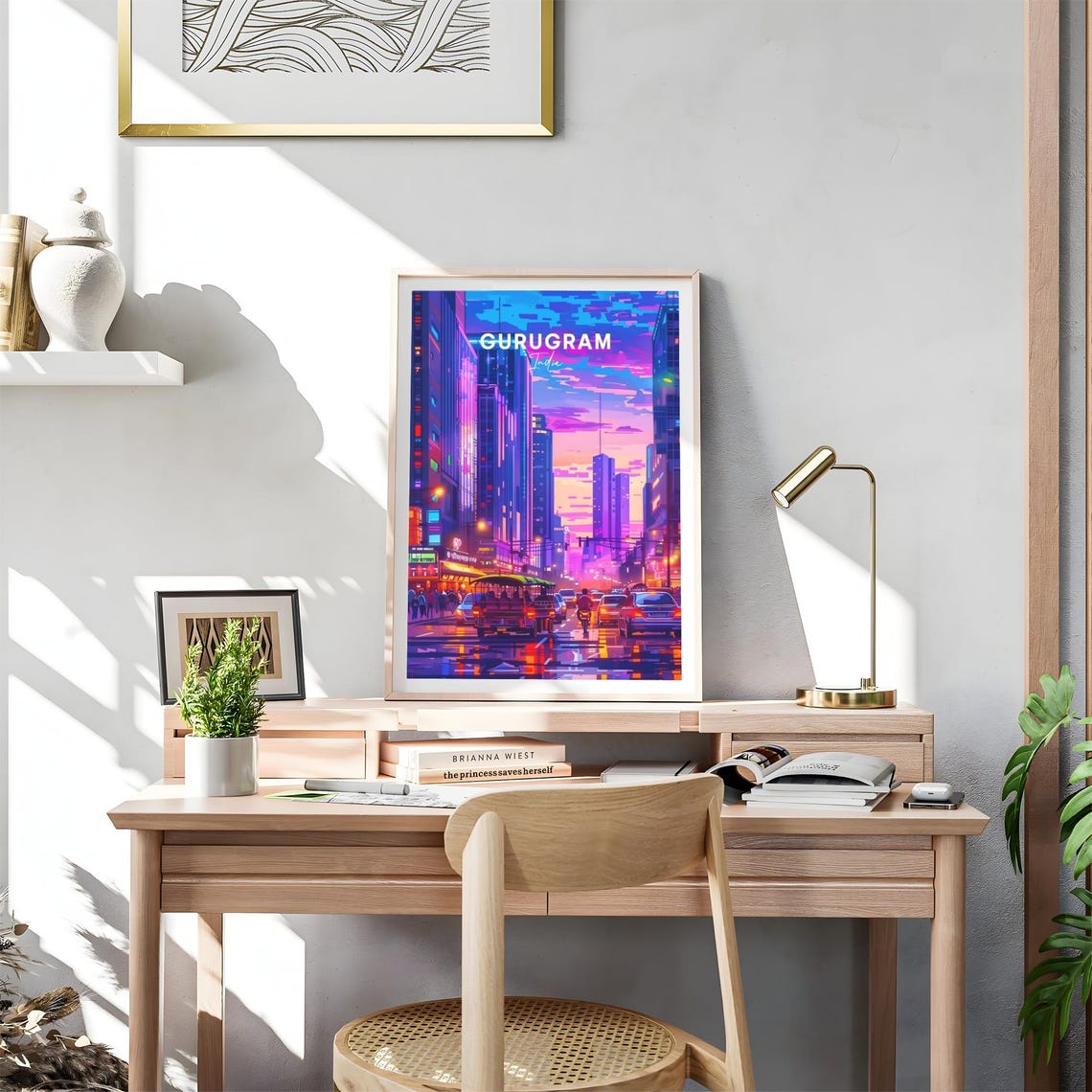 Gurugram India Glowing Neon Skyscrapers at Night Travel Poster - Image 4