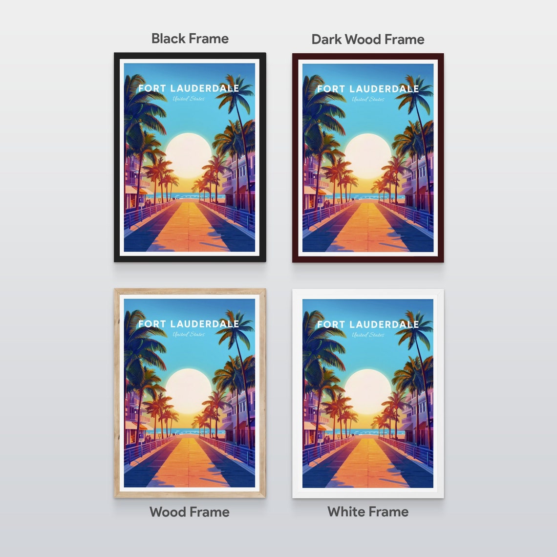 Fort Lauderdale Sunset Boardwalk Beach Palm Trees Ocean Travel Poster - Image 2