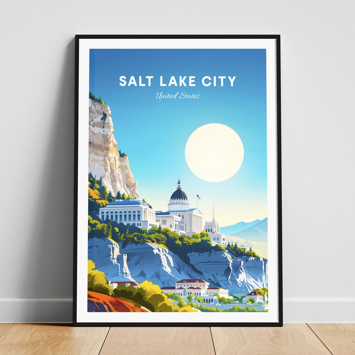 Utah State Capitol on Capitol Hill Cliffs Sunny Travel Poster