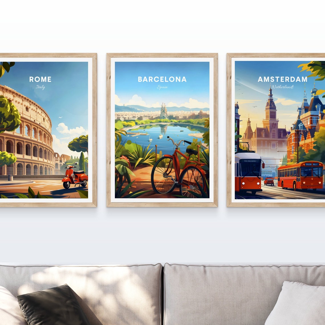 Barcelona Spain Harbor View Red Bicycle Tropical Illustration Poster - Image 3