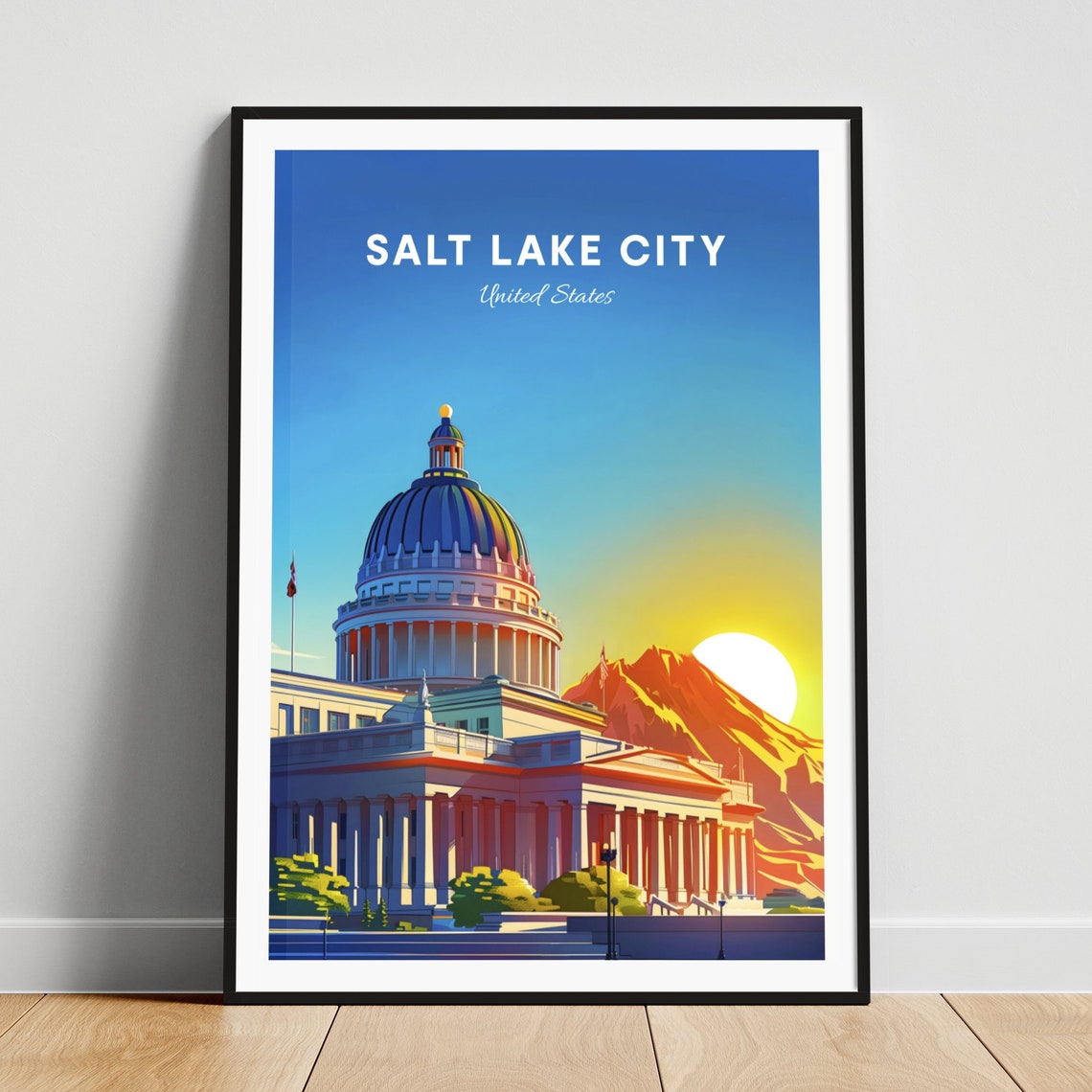 Utah State Capitol Golden Dome Mountain Sunset Travel Poster