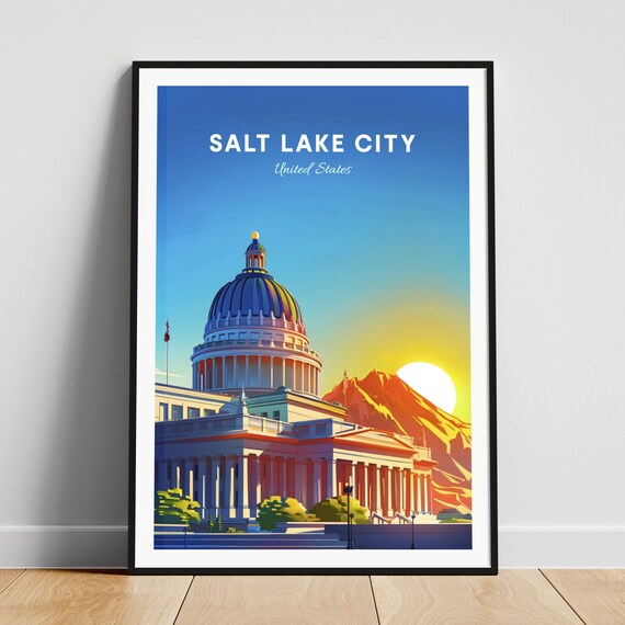 Utah State Capitol Golden Dome Mountain Sunset Travel Poster
