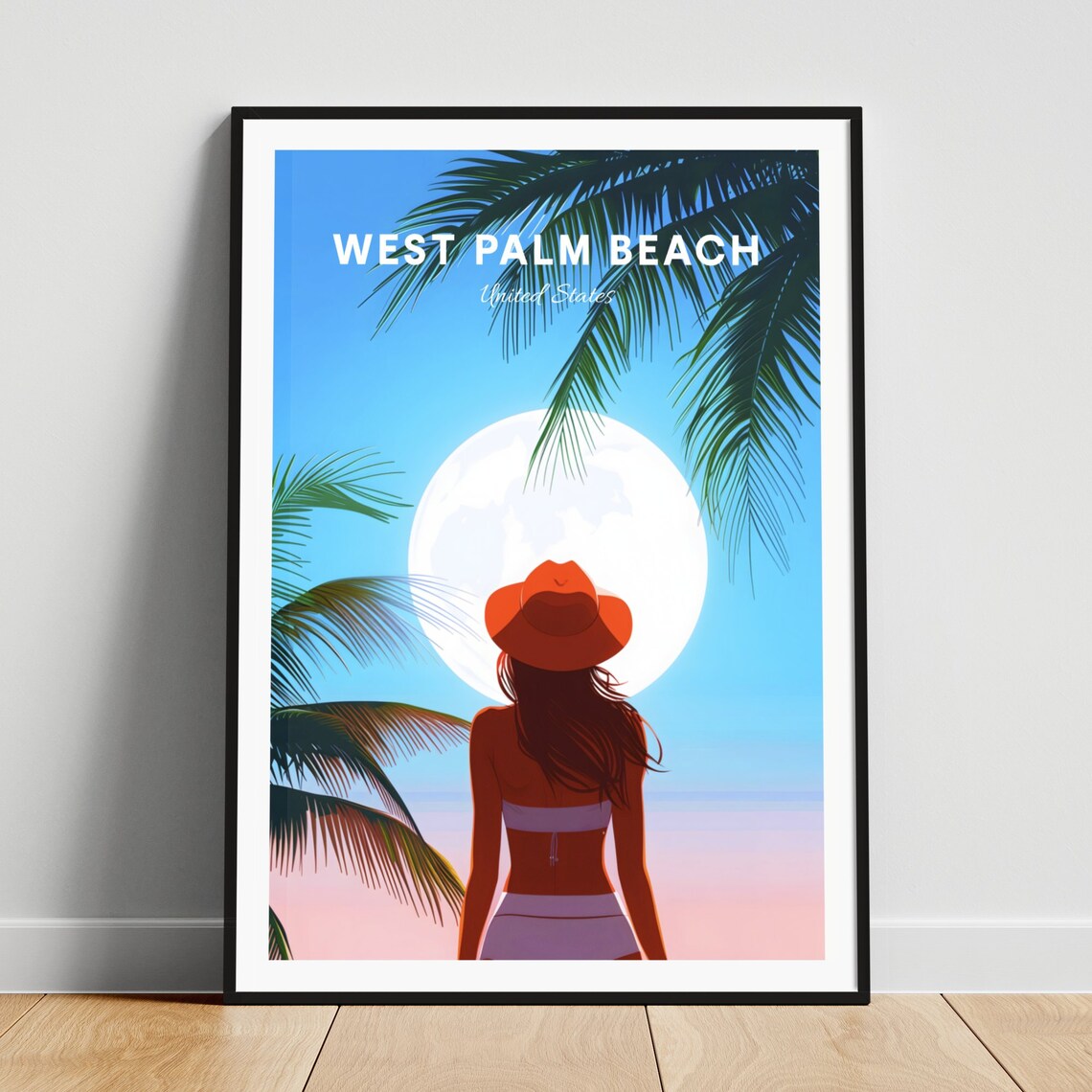West Palm Beach Florida Woman Red Hat Moonlit Palm Travel Poster