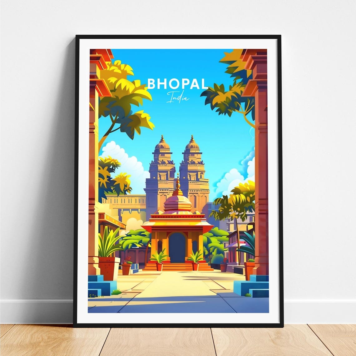 Bright Bhopal India Twin Temple Towers in Sunlit Courtyard Poster