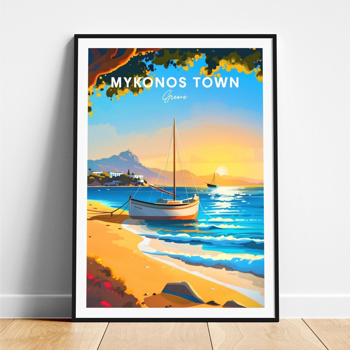 Mykonos Town Greece Beach Sailboat Golden Sunset Travel Poster