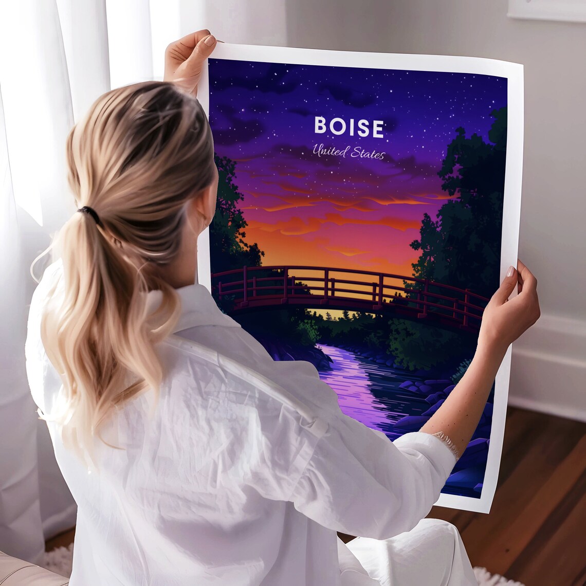 Boise Idaho Sunset River Bridge Over Calm Water Travel Poster - Image 3