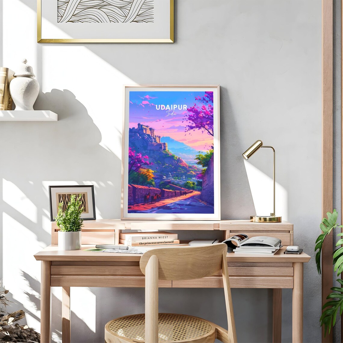 Udaipur India Hill Fort Sunset Pink Sky Horses Travel Poster - Image 4