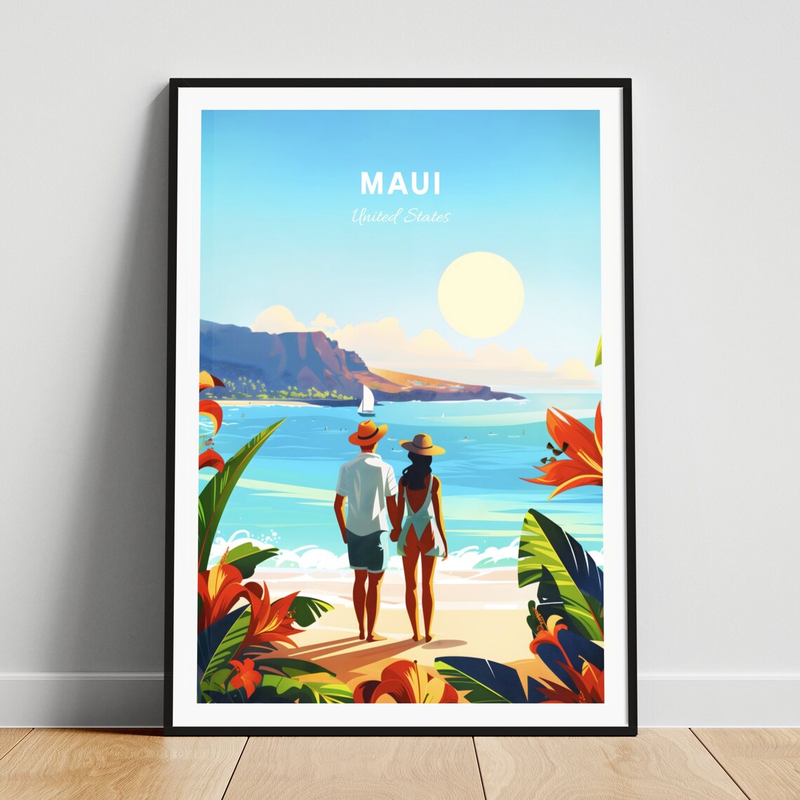 Maui Hawaii Beach Couple Romantic Tropical Sunset Travel Poster Art