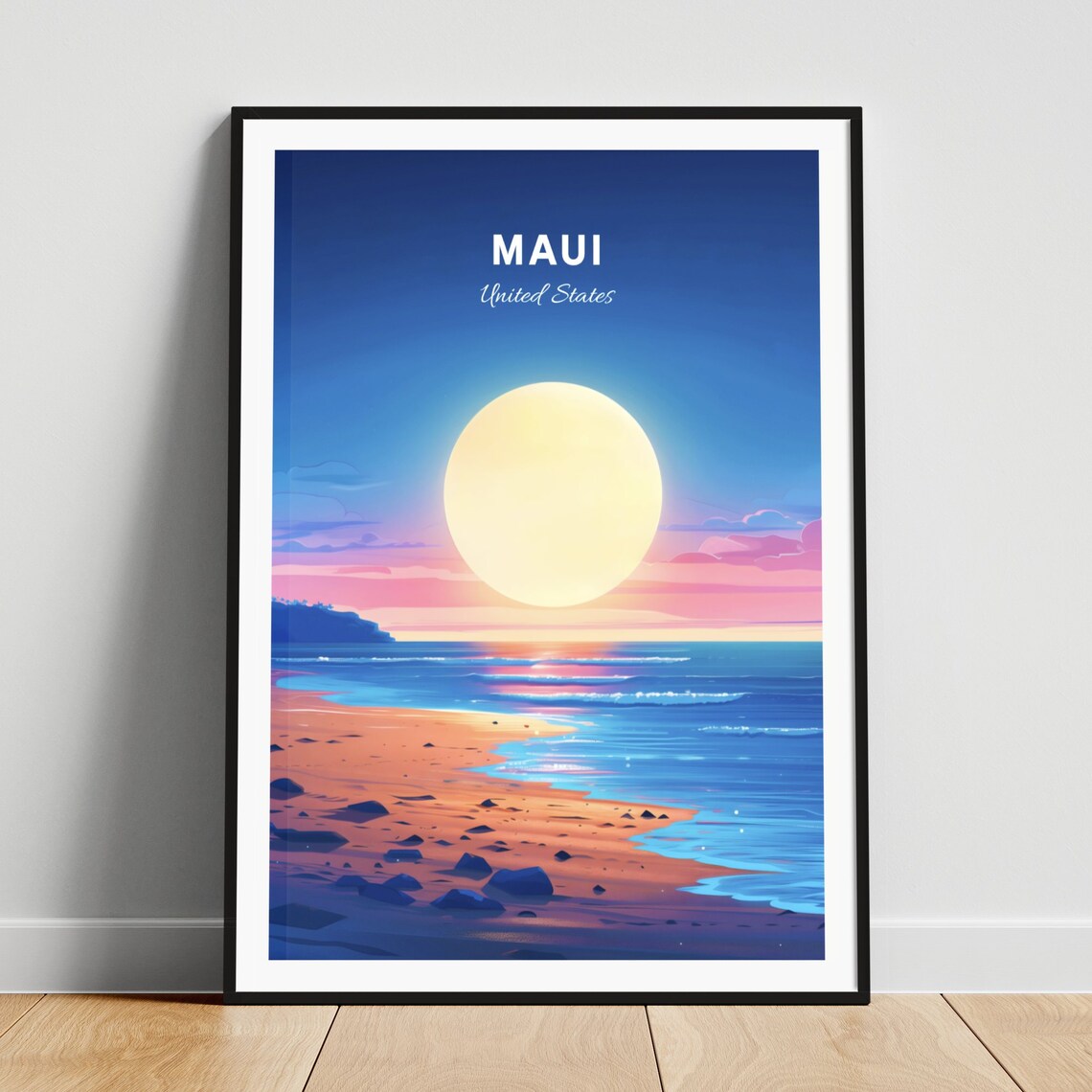 Maui Hawaii Sunset over Rocky Shore with Giant Sun Travel Poster