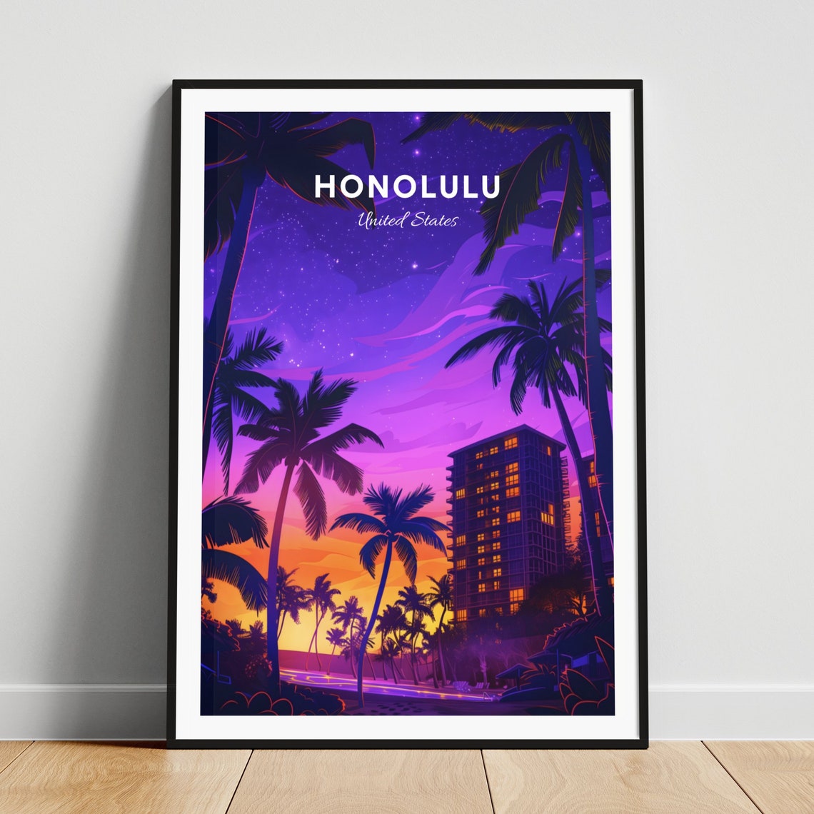 Honolulu Palm Trees at Night Over the Glowing Beach Resort Poster