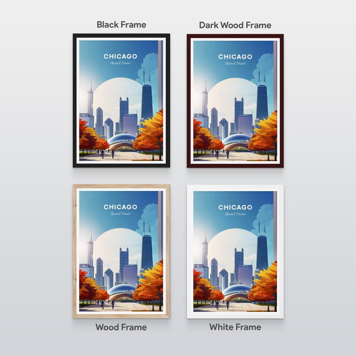 Chicago Cloud Gate Millennium Park Autumn Leaves Skyline Travel Poster - Image 2