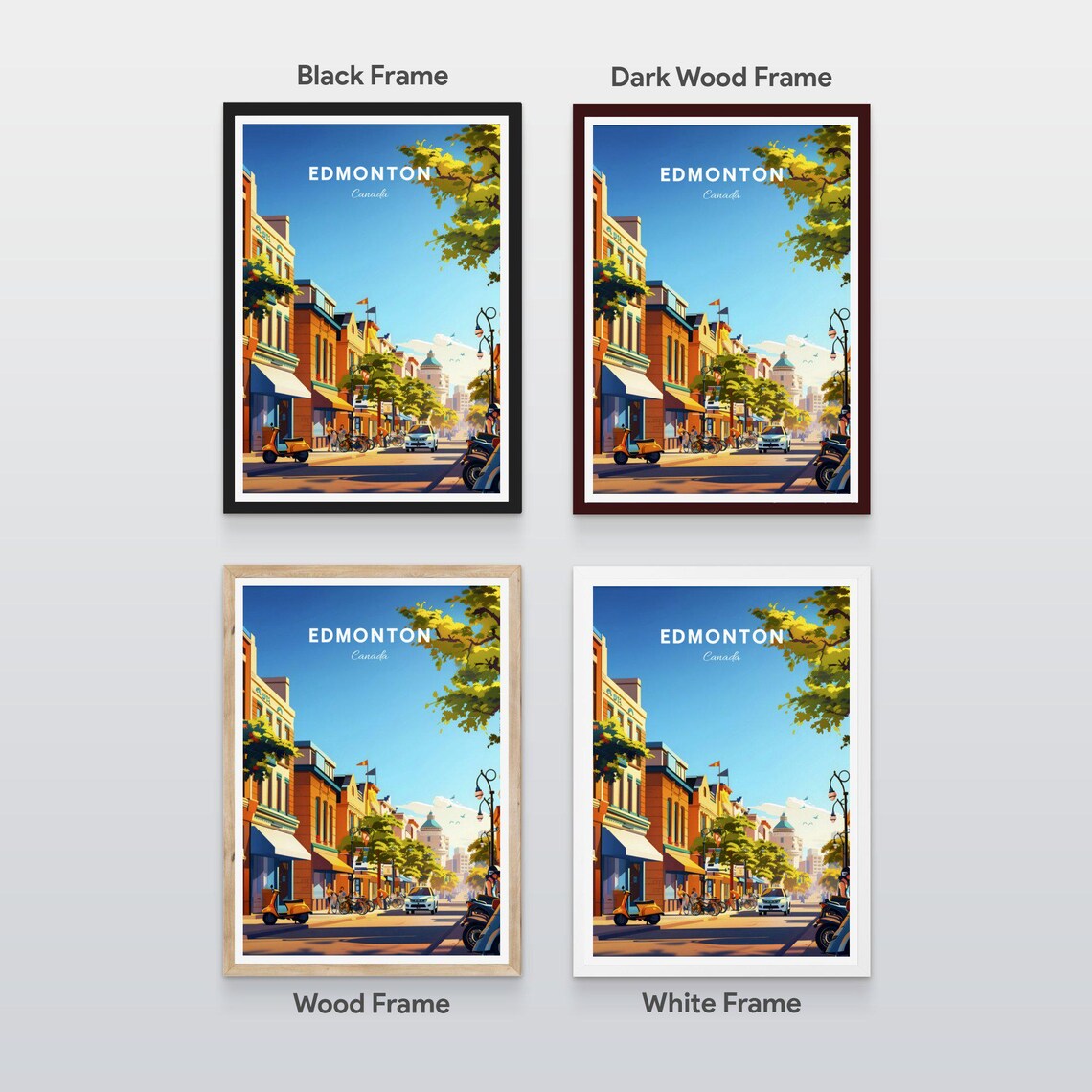 Edmonton Canada Sunny Old Town Street Shops and Scooters Travel Poster - Image 2