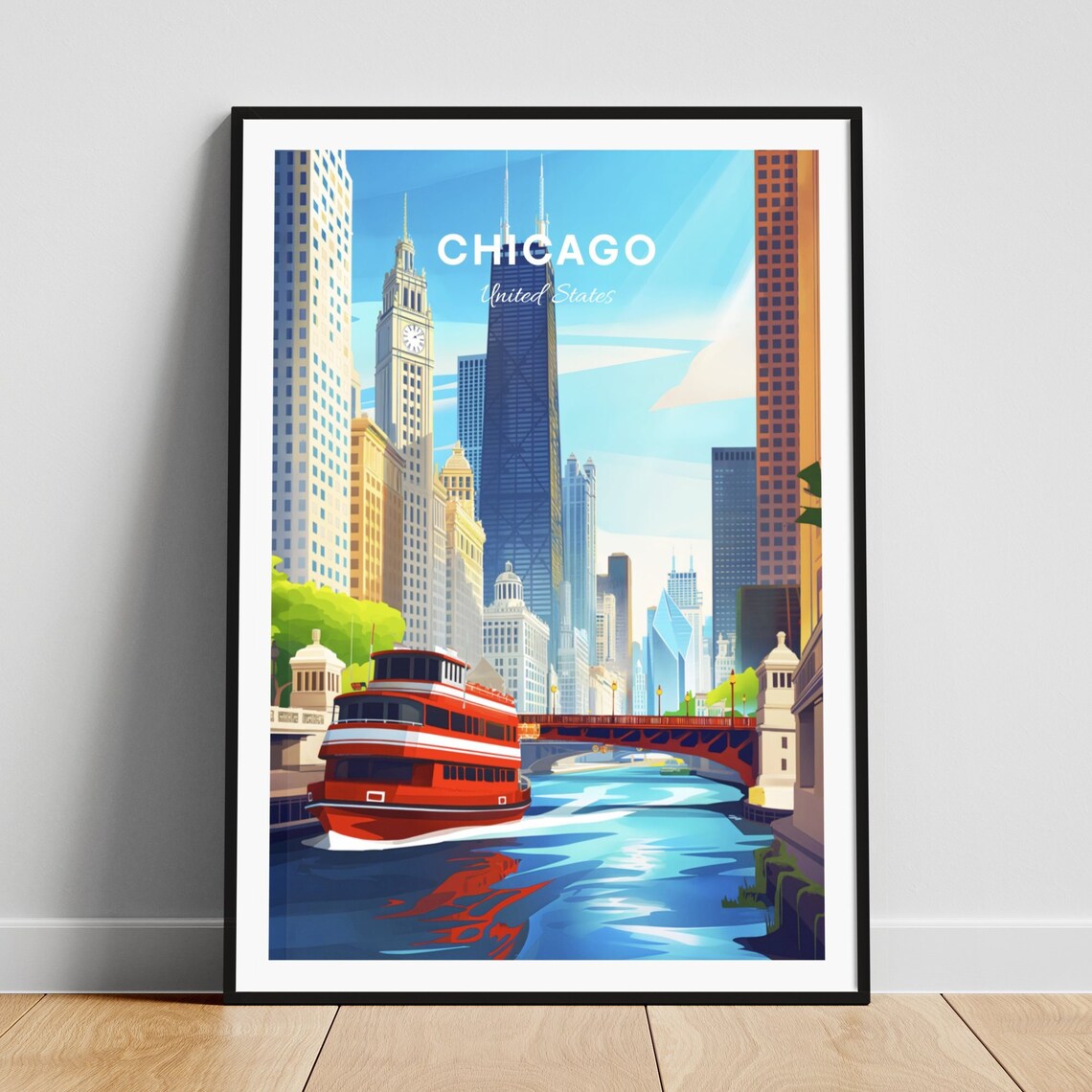 Chicago River Tour Boat Red Bridge Clock Tower Day Travel Poster