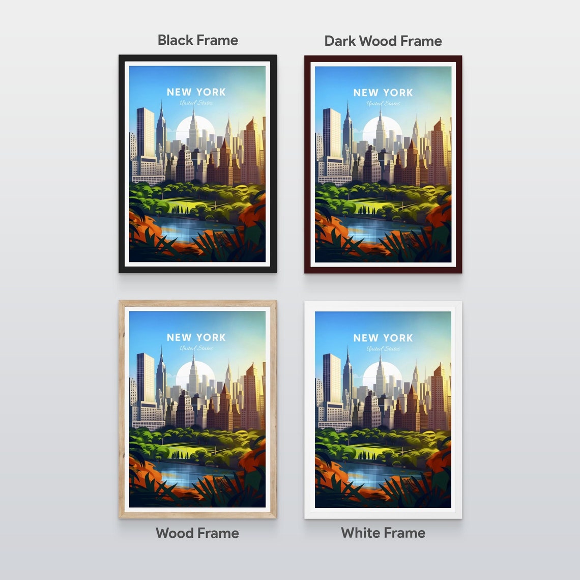 New York Manhattan Skyline Park Pond Moonlit Vintage Travel Poster - Image 2