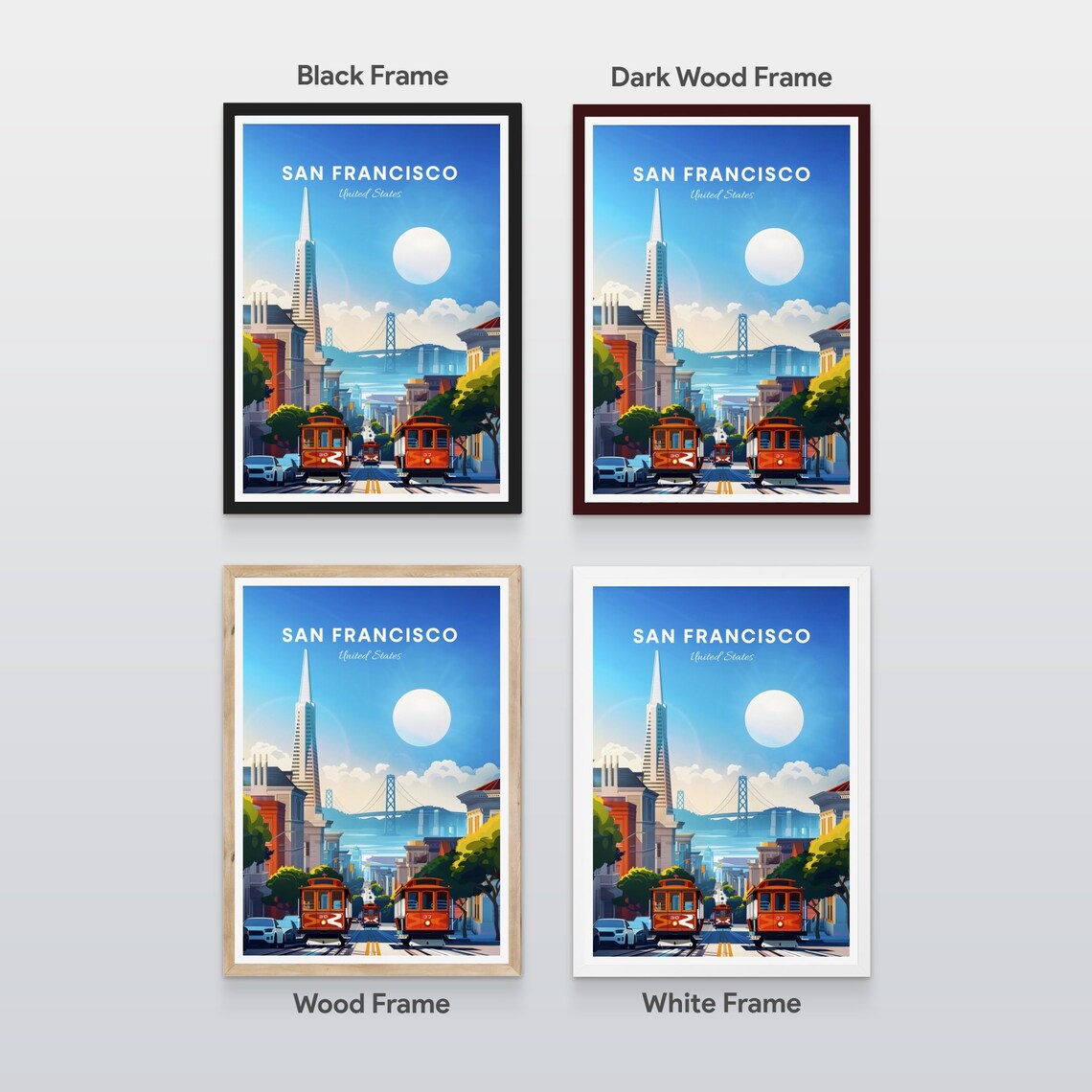 San Francisco Cable Cars Climbing the Hill with Bay Bridge Poster - Image 2