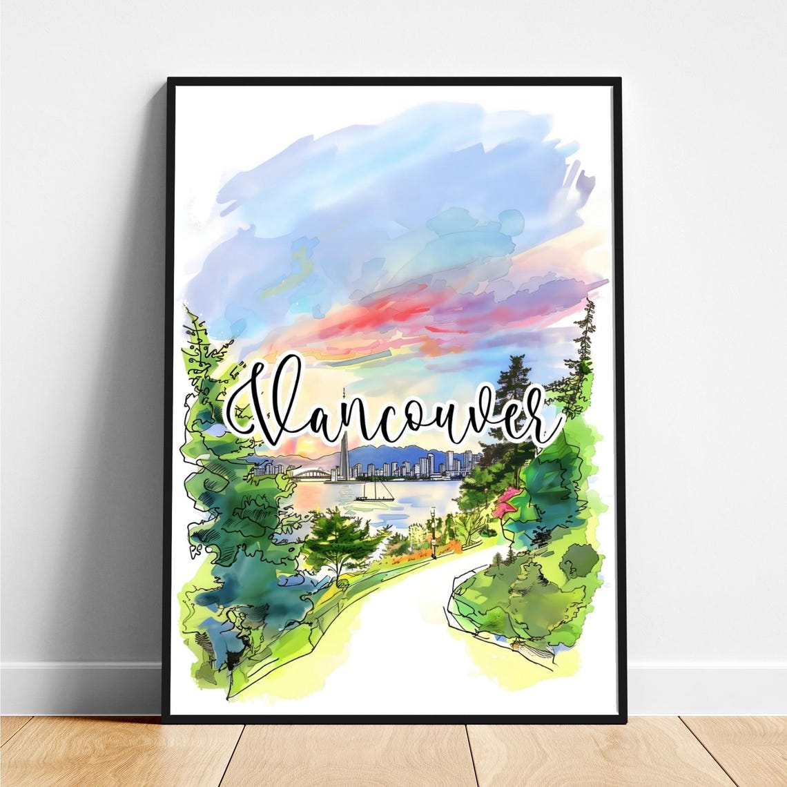 Vancouver City Skyline Sunset Park Watercolor Script Travel Poster