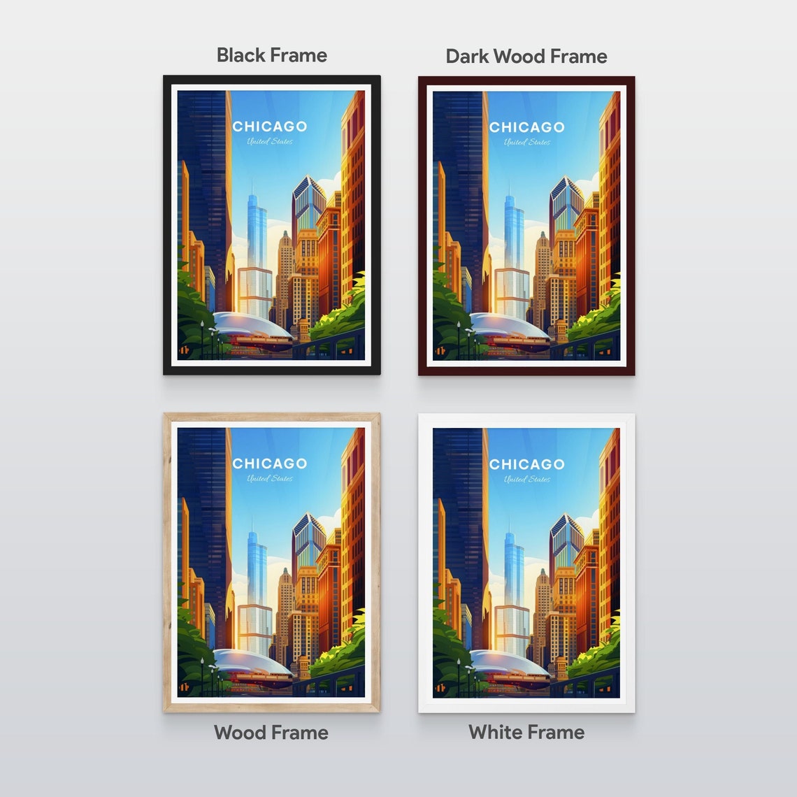 Chicago Illinois Willis Tower Cloud Gate Street Day Travel Art Poster - Image 2