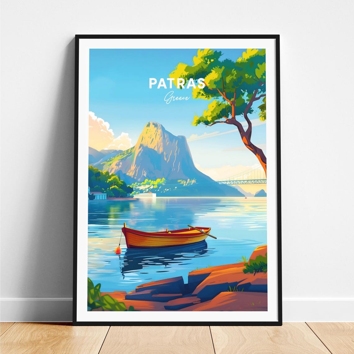 Patras Greece Rowboat on Calm Water with Mountain Peak View Poster