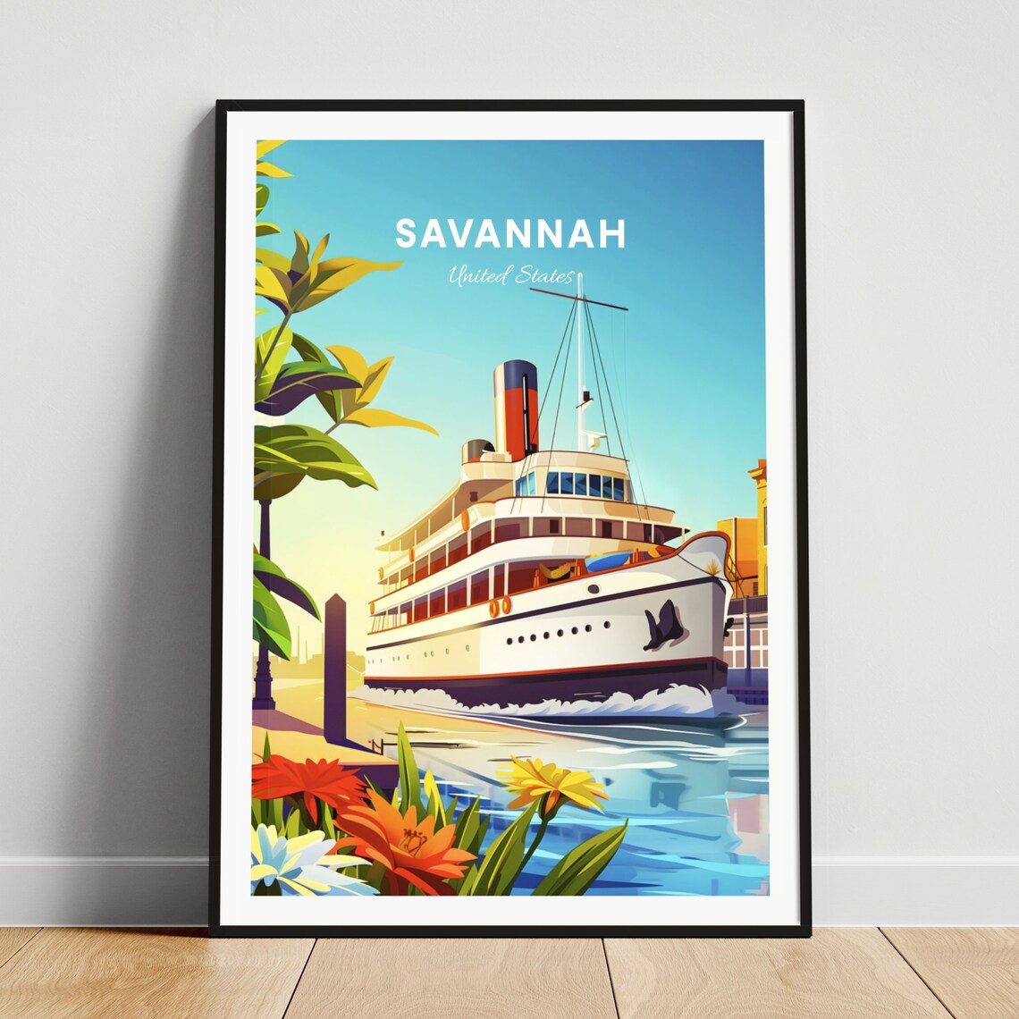 Savannah Steamship River Dock Tropical Flowers Georgia Travel Poster