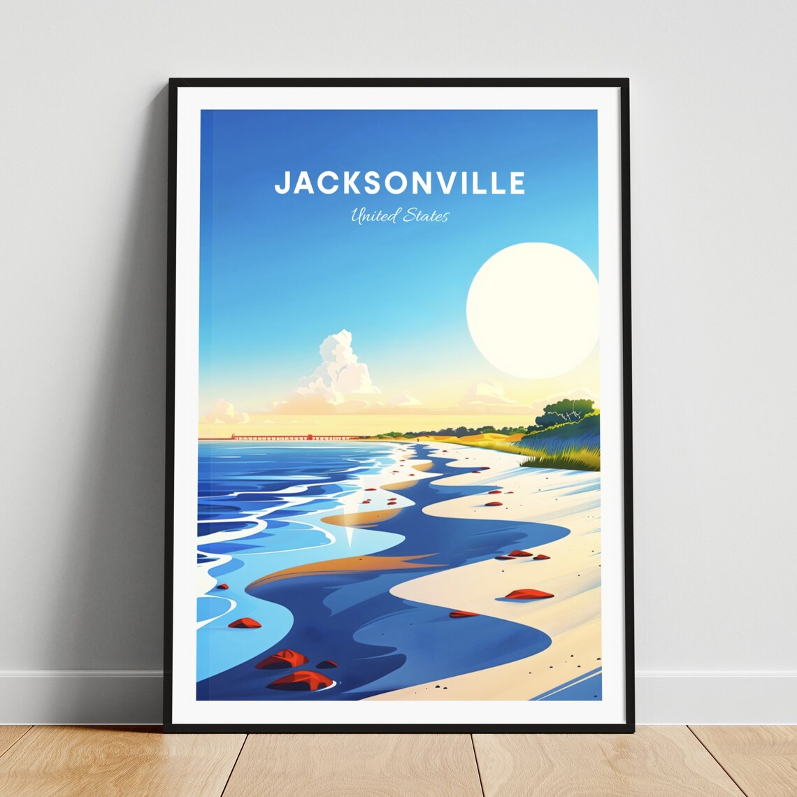 Jacksonville Florida Sunrise Beach with Ocean Pier Travel Poster