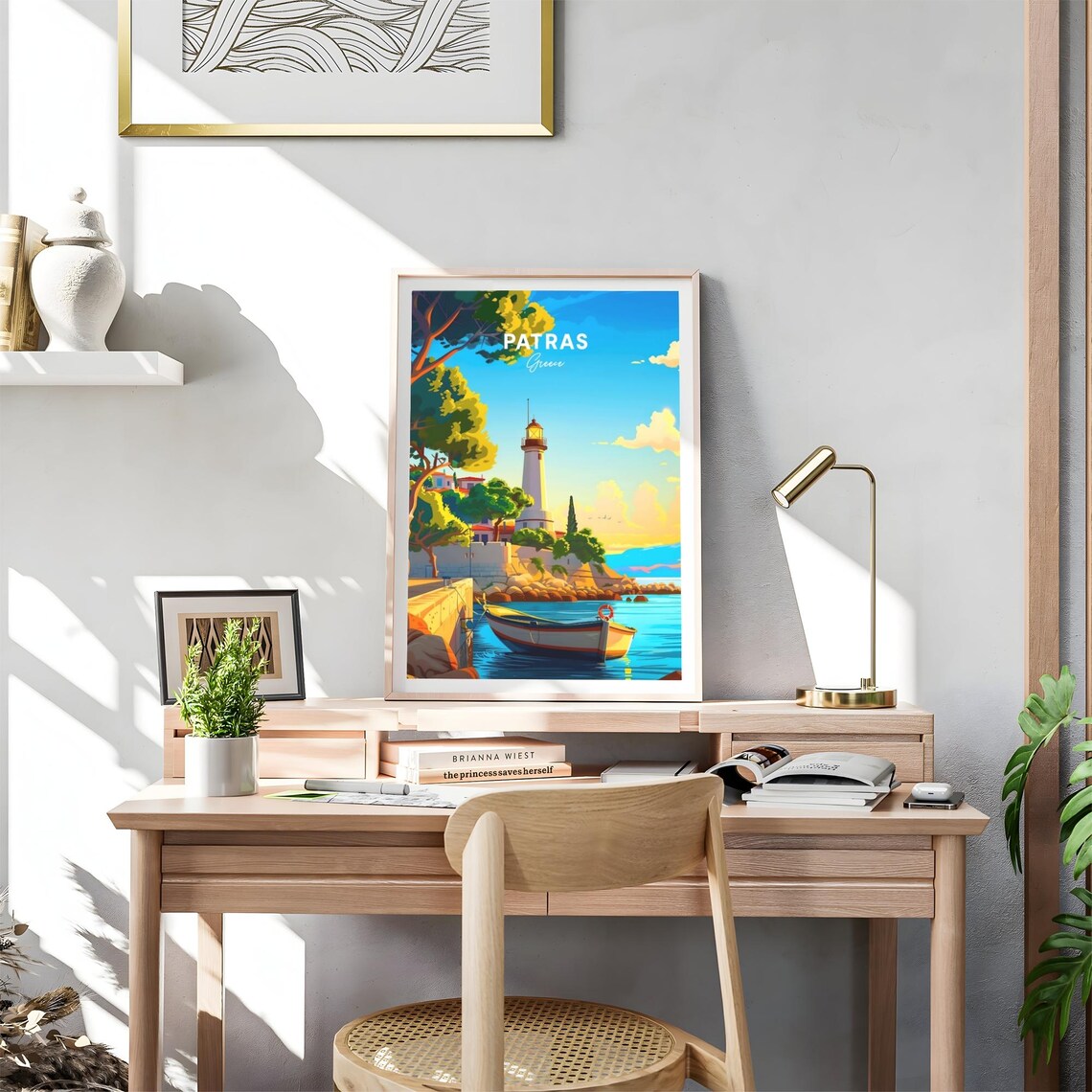 Patras Greece Lighthouse on Rocky Coast with Fishing Boat Poster - Image 4