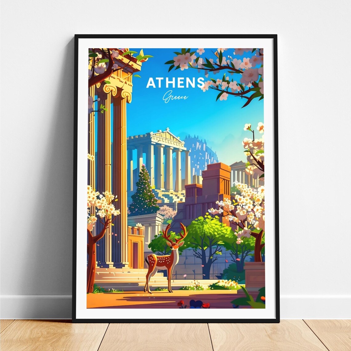 Athens Greece Parthenon Deer Spring Blossom Landmark Travel Poster