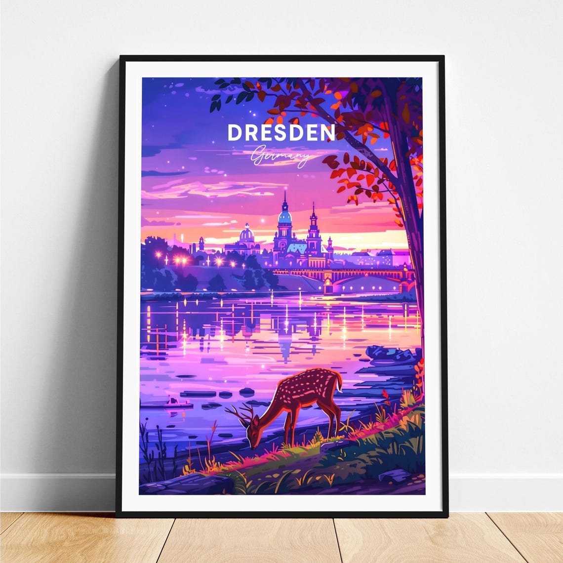 Dresden Germany River Sunset Deer Church Skyline View Art Poster