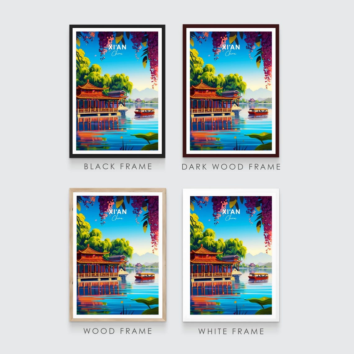 Xi'an China Serene Lakeside Pavilion Reflection Boat Scene Poster - Image 3