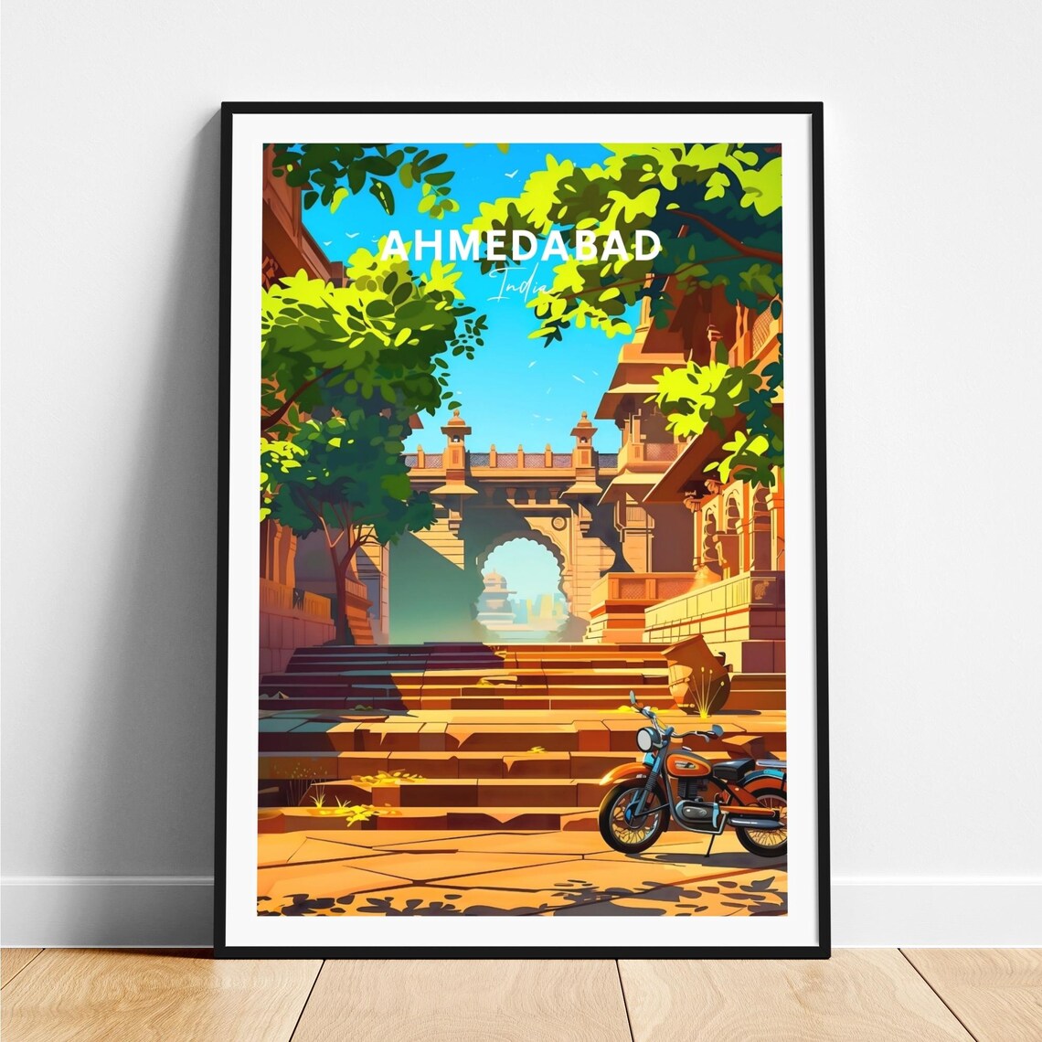 Ahmedabad Stone Archway Steps Vintage Motorcycle Travel Poster