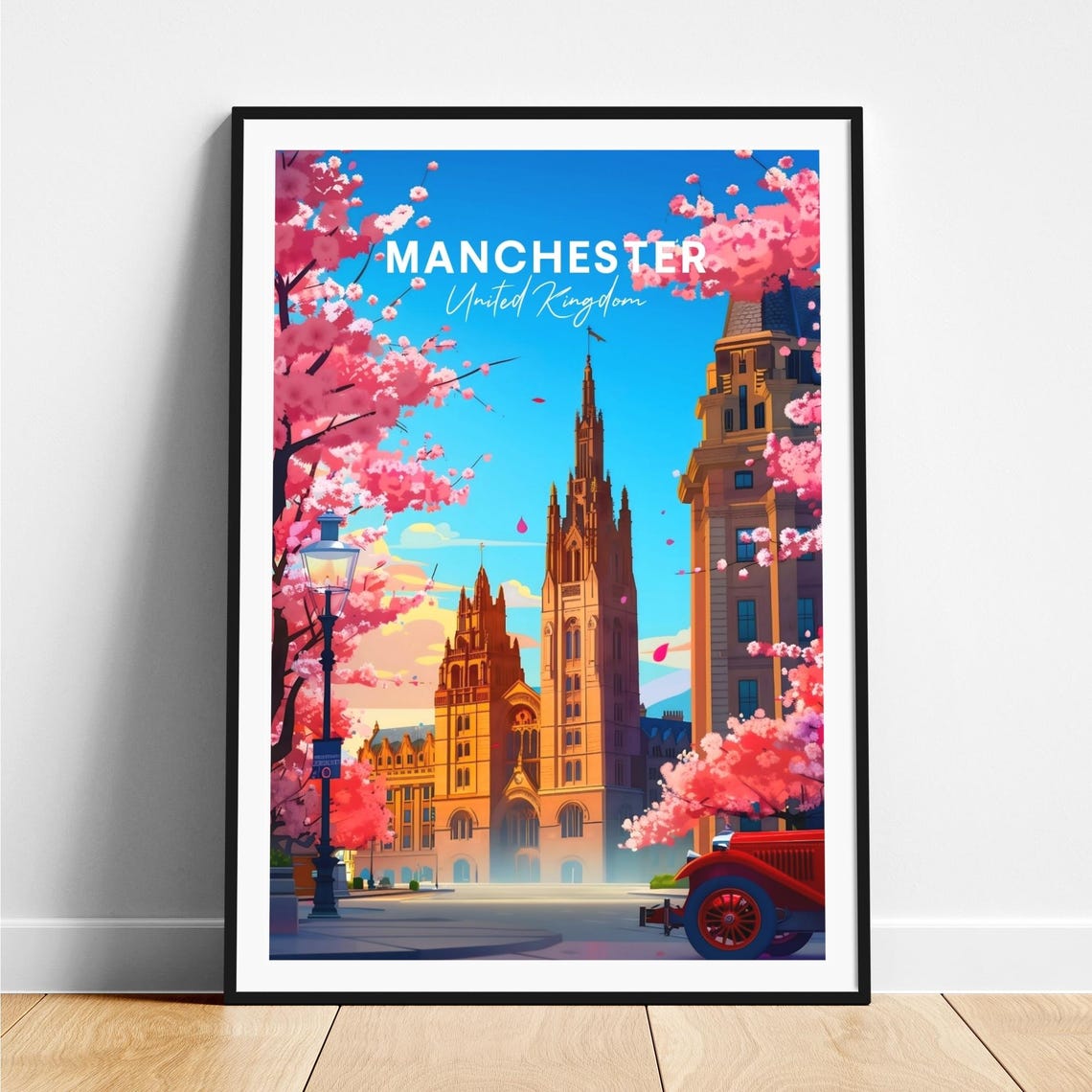 Manchester Gothic Hall Pink Blossom Vintage Car Spring Travel Poster