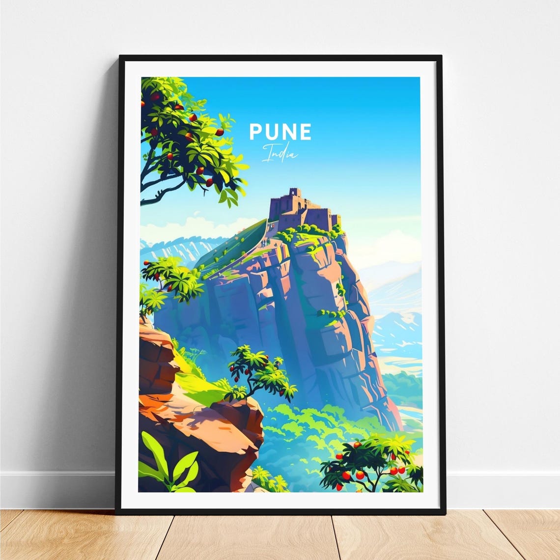 Pune Hilltop Fortress Cliffs Mango Trees India Travel Poster