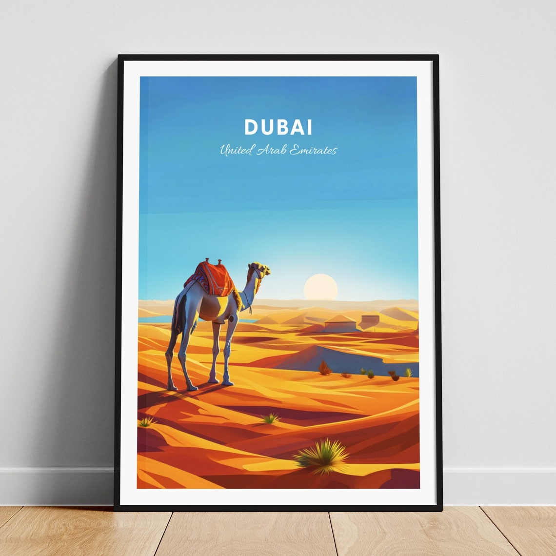 Dubai United Arab Emirates White Camel Desert Sunset Travel Poster