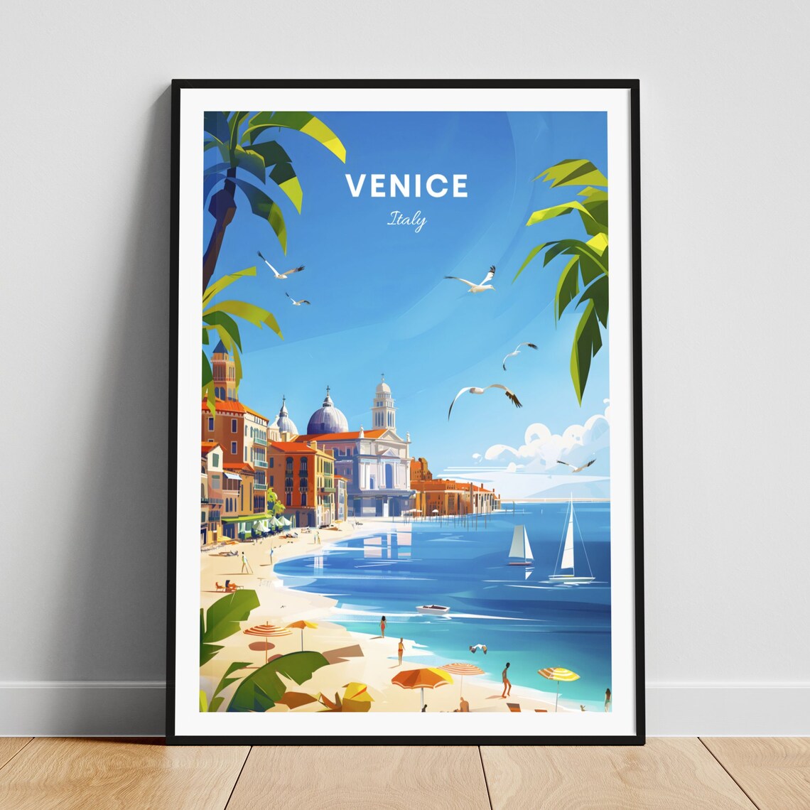 Venice Italy Sunny Beach Waterfront Sailboats Palms Travel Poster