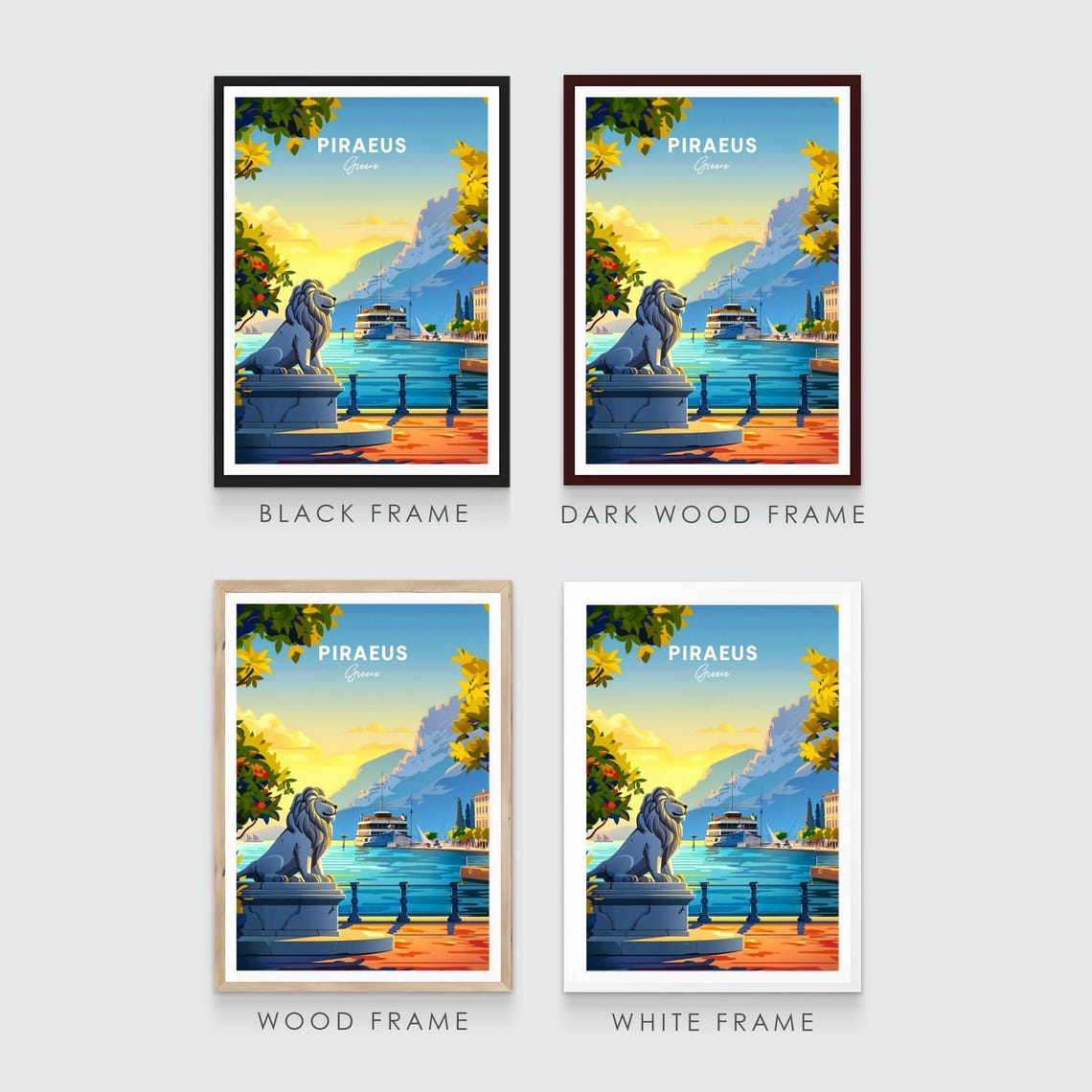 Piraeus Greece Stone Lion Statue Waterfront Ferry Sunset Travel Poster - Image 3