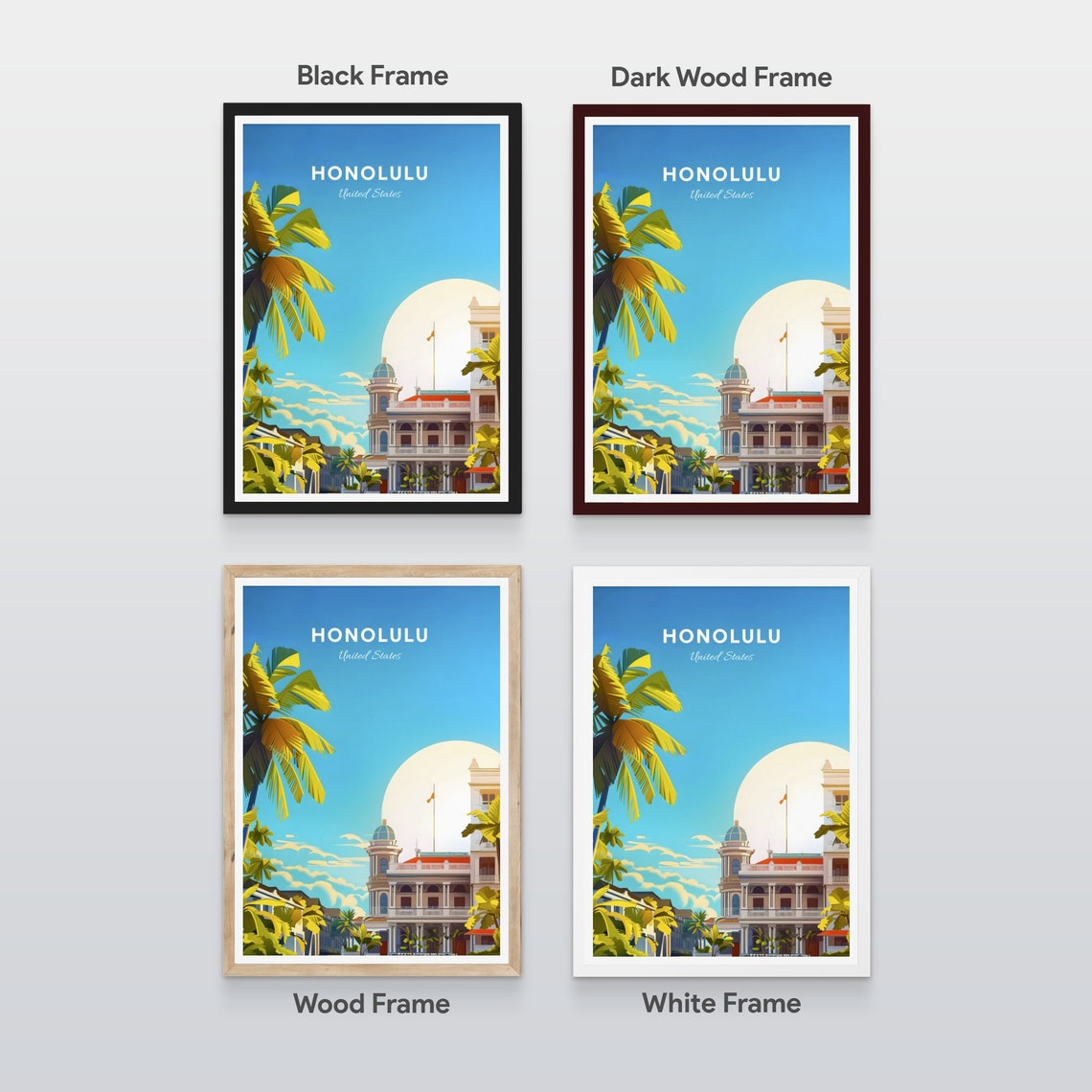 Honolulu Hawaii Historic Iolani Palace Among Palm Trees Travel Poster - Image 2