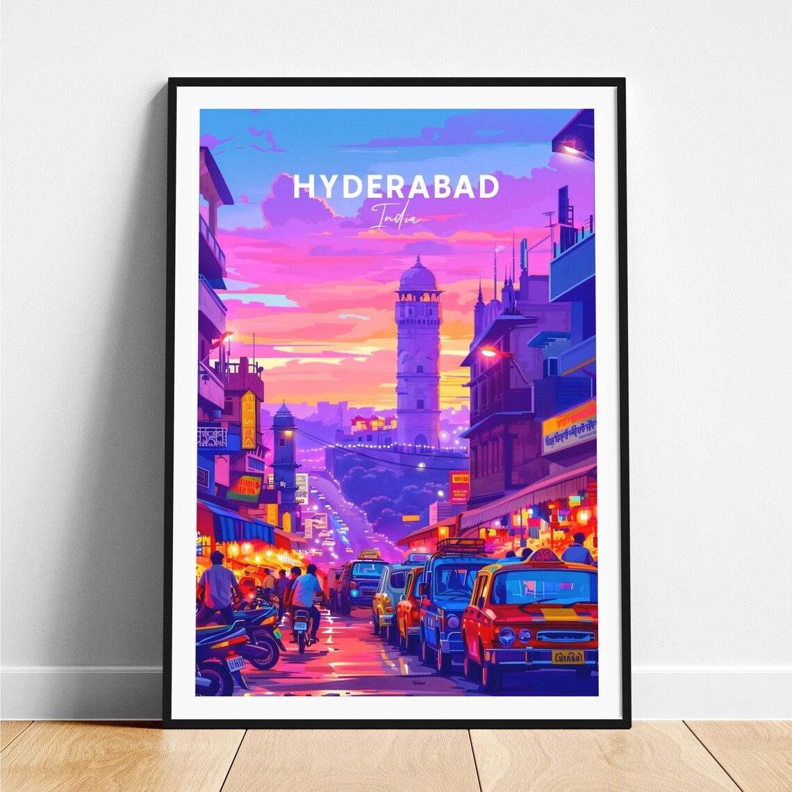 Hyderabad India Old City Neon Street Sunset Tower Taxis Travel Poster