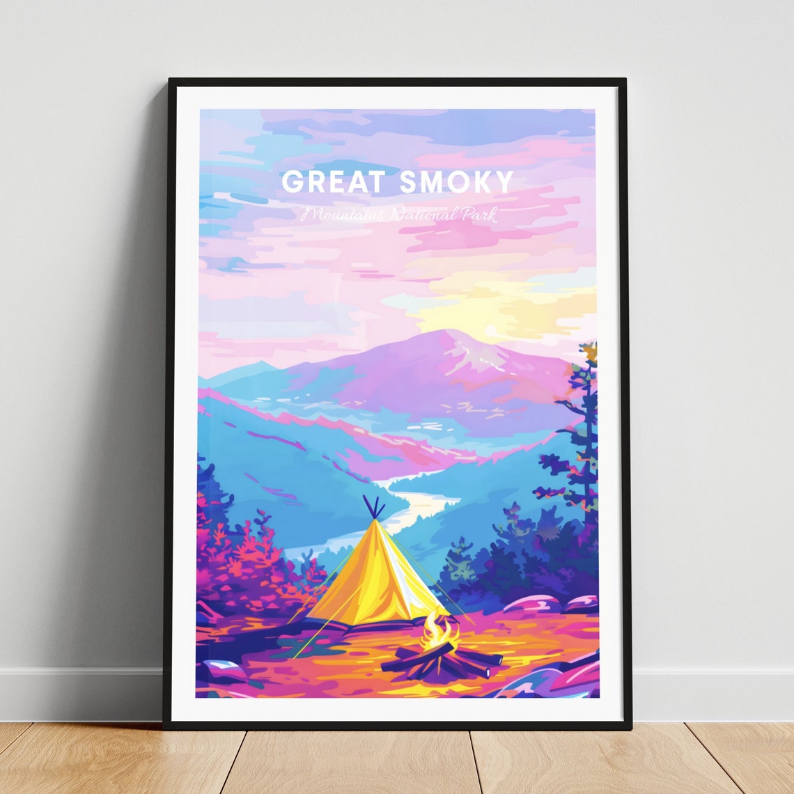 Great Smoky Mountains Tent Campfire Sunset Mountain Vista Poster