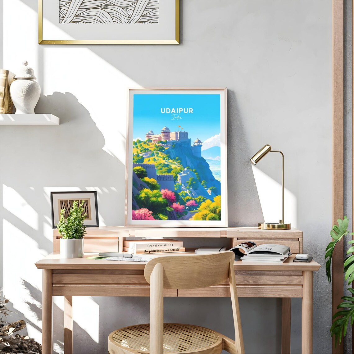 Udaipur Hilltop Fortress Blossoms Panoramic India Travel Poster - Image 4