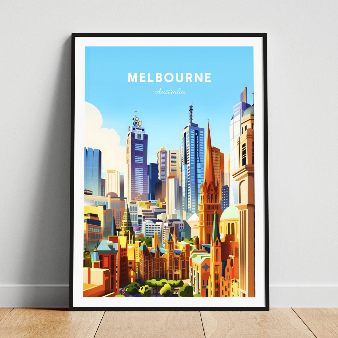 Melbourne Australia City Skyline with Historic Spires Travel Poster